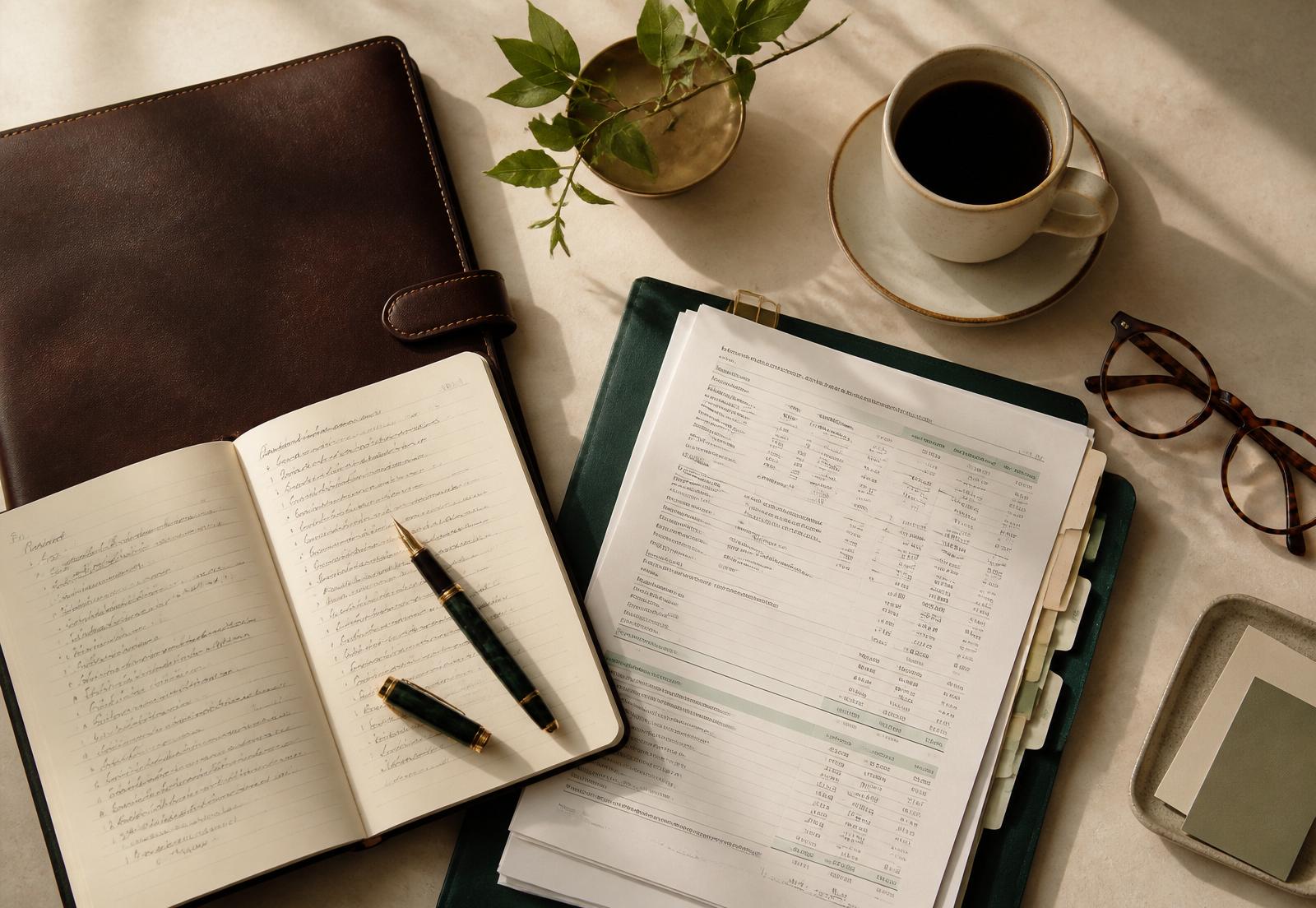 Leather portfolio, notebook, and tabbed financial documents on a warm ivory desk
